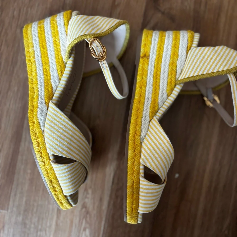 Stuart Weitzman Yellow and White Striped Espadrille Wedge Sandals Mirela - Picture 3 of 12